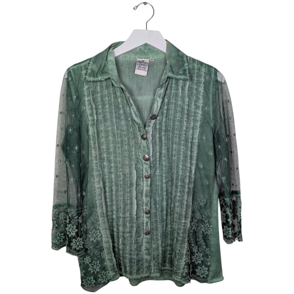 PARSLEY & SAGE Sheer Mesh Embroidered French Dot Floral Shirt - Small